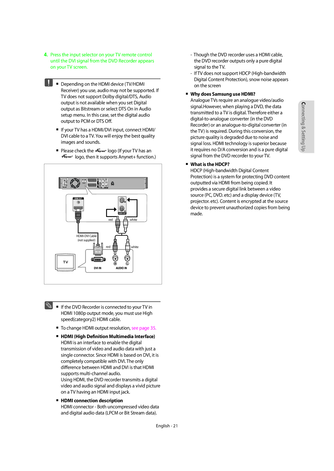 Samsung DVD-SR270M/XEU manual  To change Hdmi output resolution, see,  Hdmi connection description,  What is the HDCP? 