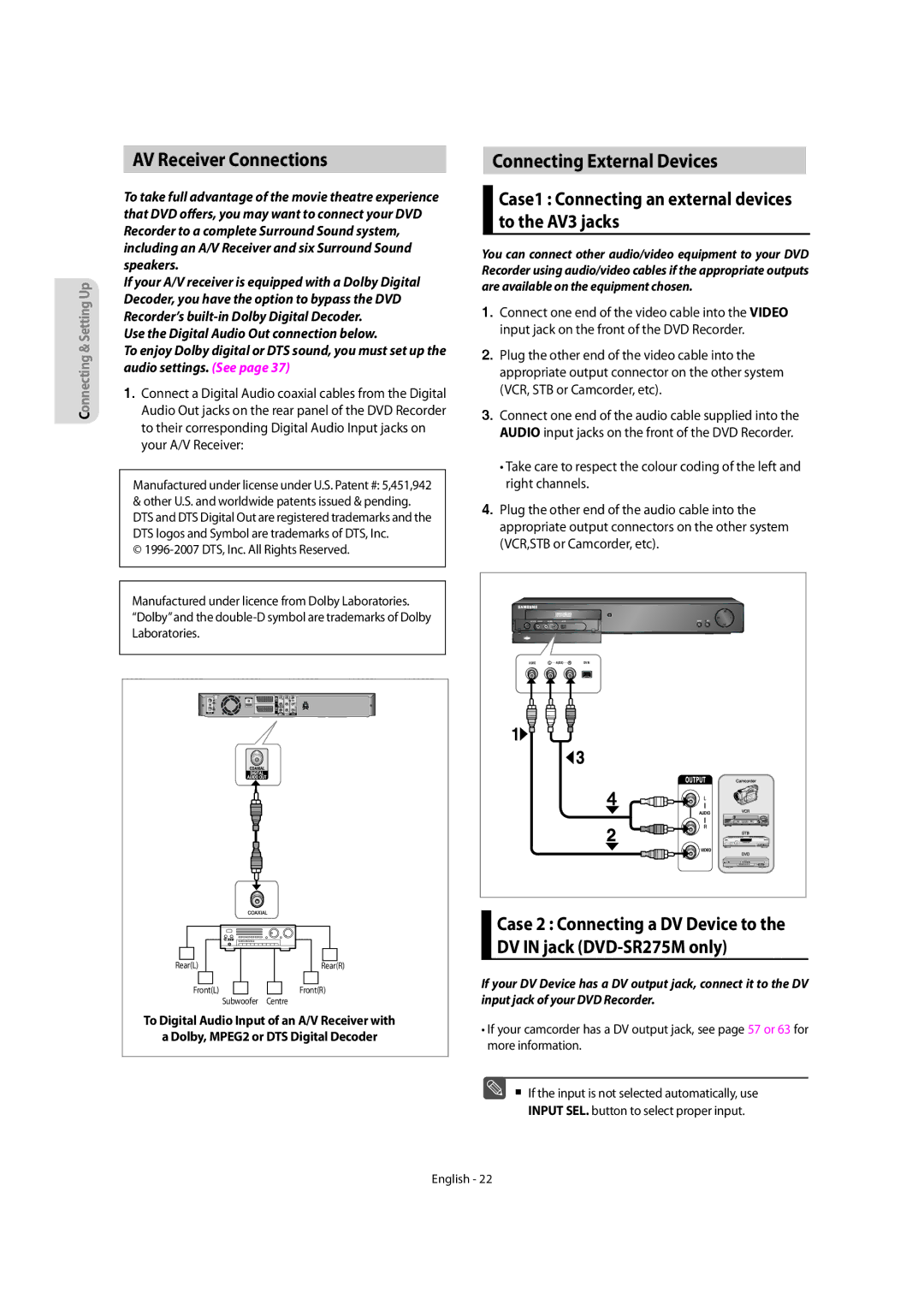 Samsung DVD-SR270M/XEU manual AV Receiver Connections, Connecting External Devices 