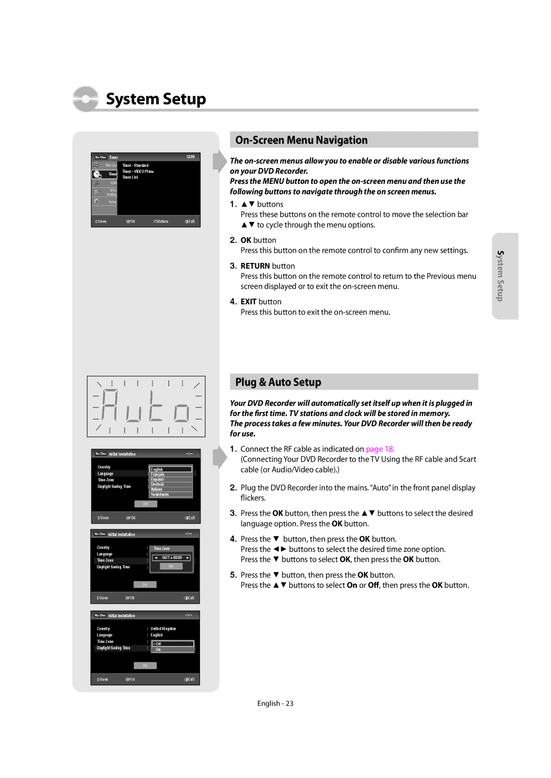 Samsung DVD-SR270M/XEU manual On-Screen Menu Navigation, Plug & Auto Setup, Return button 