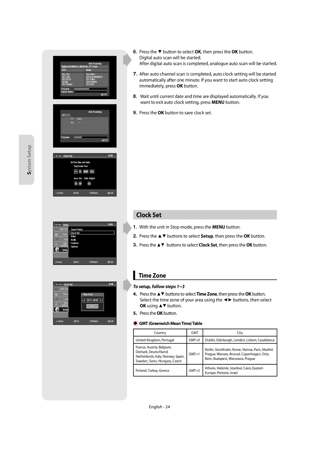 Samsung DVD-SR270M/XEU manual Clock Set, Time Zone, Press the OK button to save clock set 