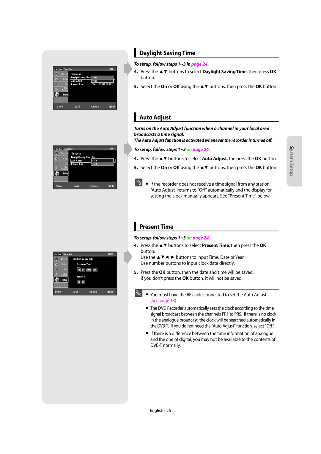 Samsung DVD-SR270M/XEU manual Daylight Saving Time, Auto Adjust, Present Time 
