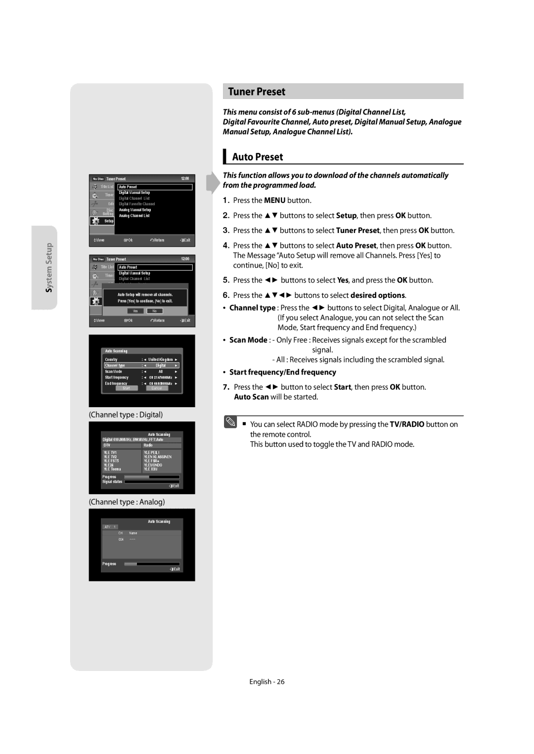 Samsung DVD-SR270M/XEU manual Tuner Preset, Auto Preset, Start frequency/End frequency 