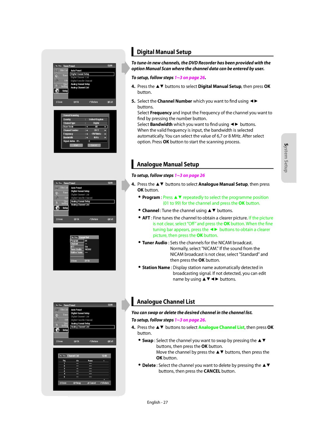 Samsung DVD-SR270M/XEU manual Digital Manual Setup, Analogue Manual Setup, Analogue Channel List 