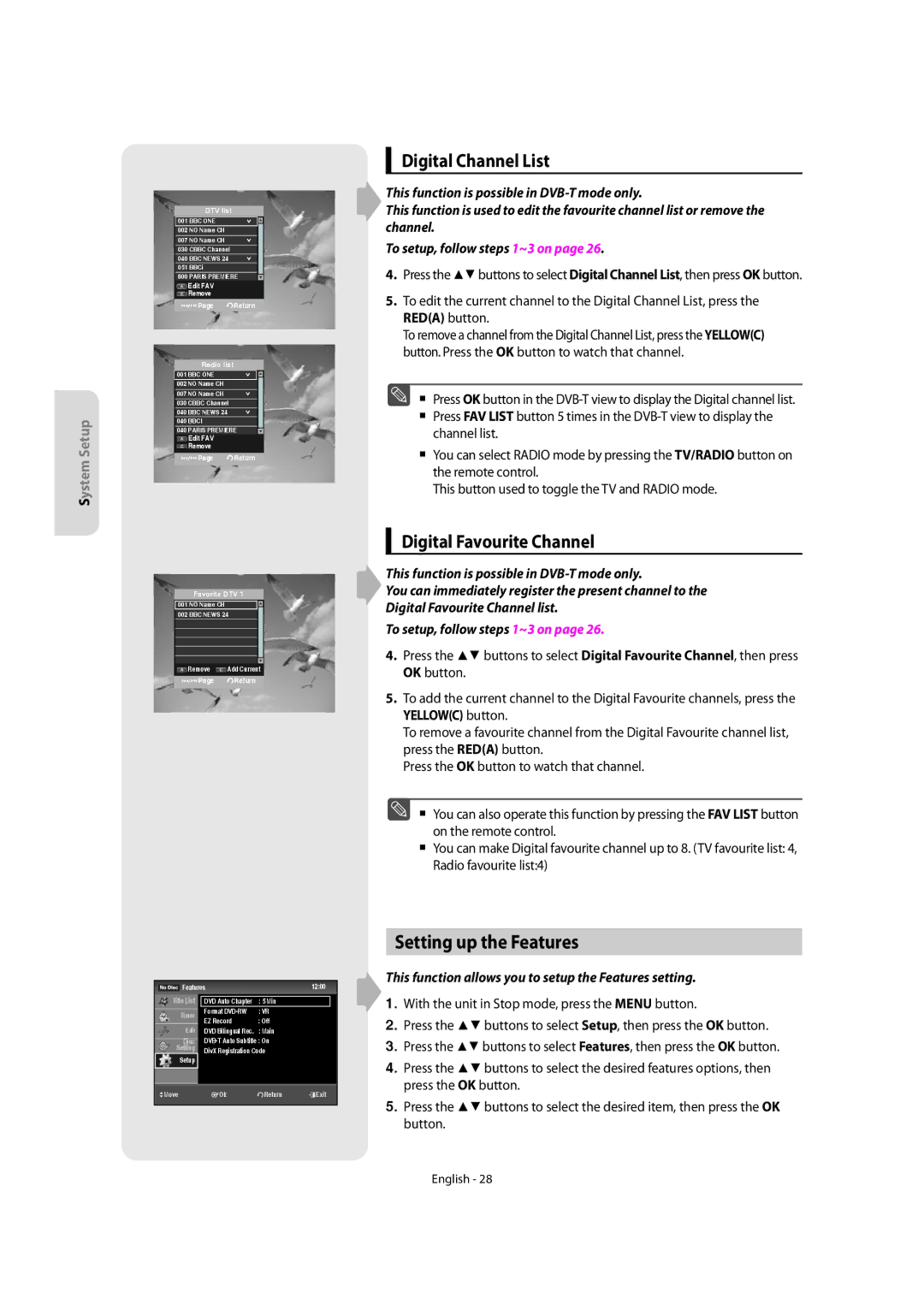 Samsung DVD-SR270M/XEU manual Setting up the Features, Digital Channel List, Digital Favourite Channel 