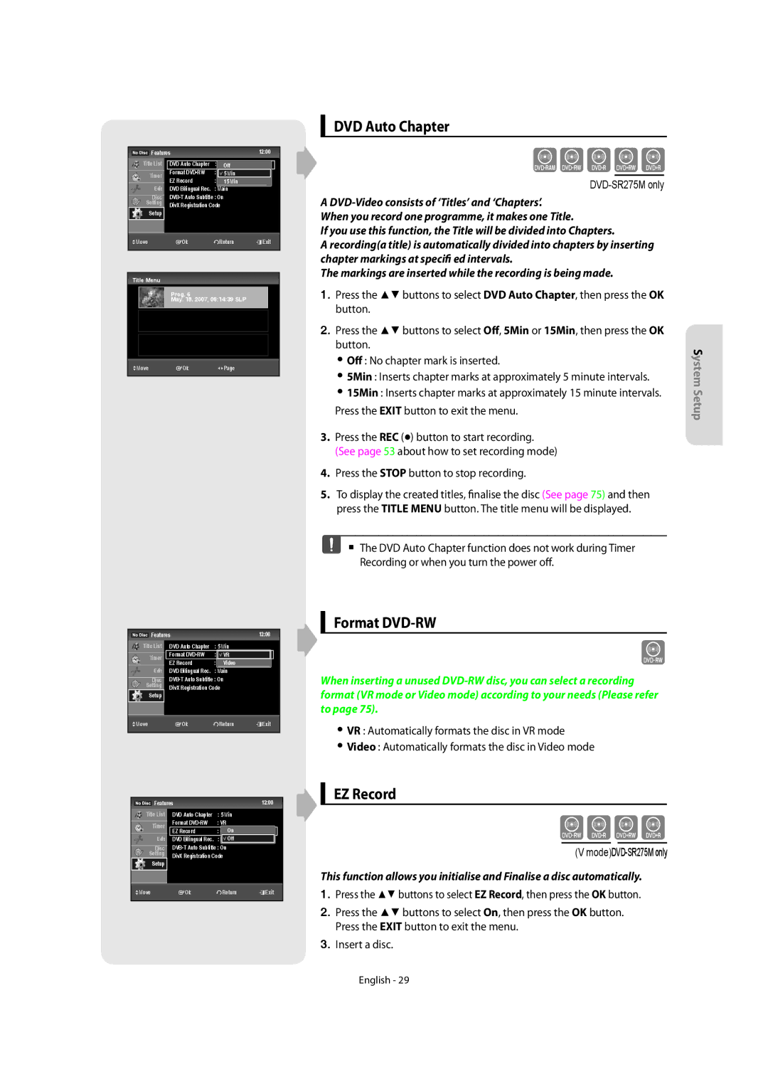Samsung DVD-SR270M/XEU manual DVD Auto Chapter, Format DVD-RW, EZ Record, Press the Stop button to stop recording 