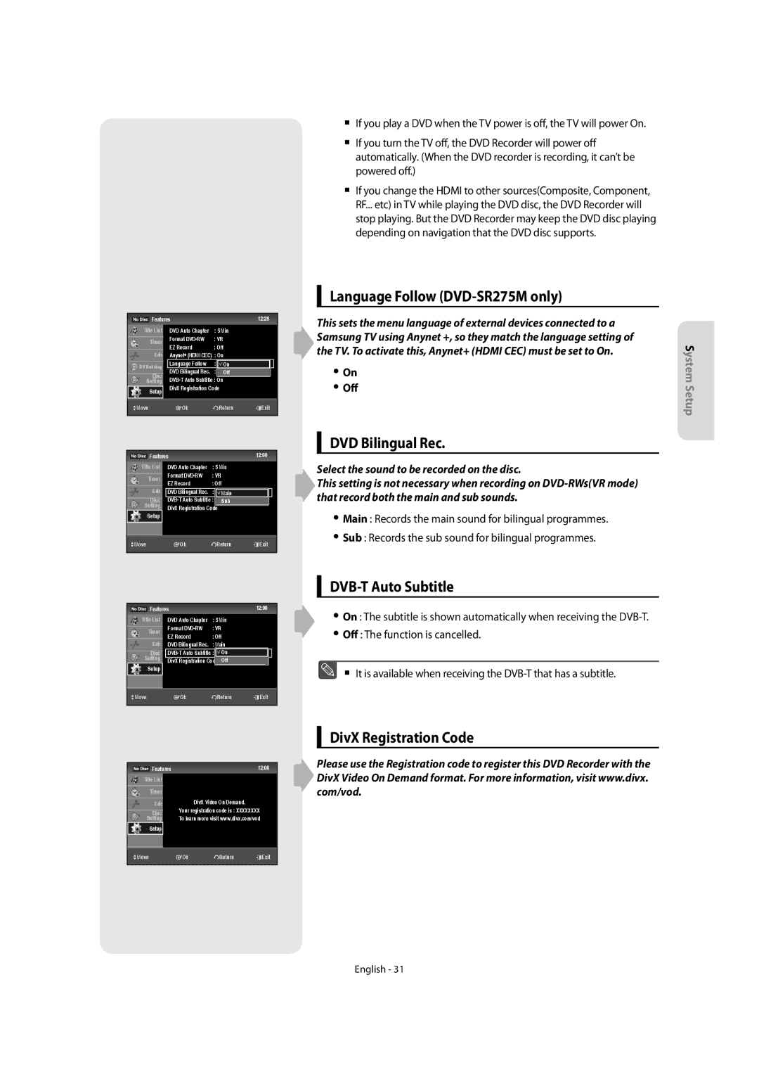 Samsung DVD-SR270M/XEU Language Follow DVD-SR275M only, DVD Bilingual Rec, DVB-T Auto Subtitle, DivX Registration Code 