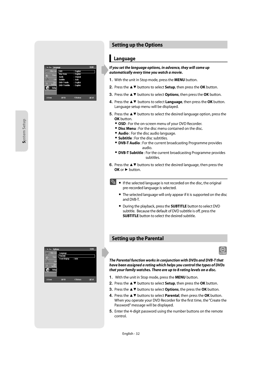 Samsung DVD-SR270M/XEU manual Setting up the Options, Setting up the Parental, Language 