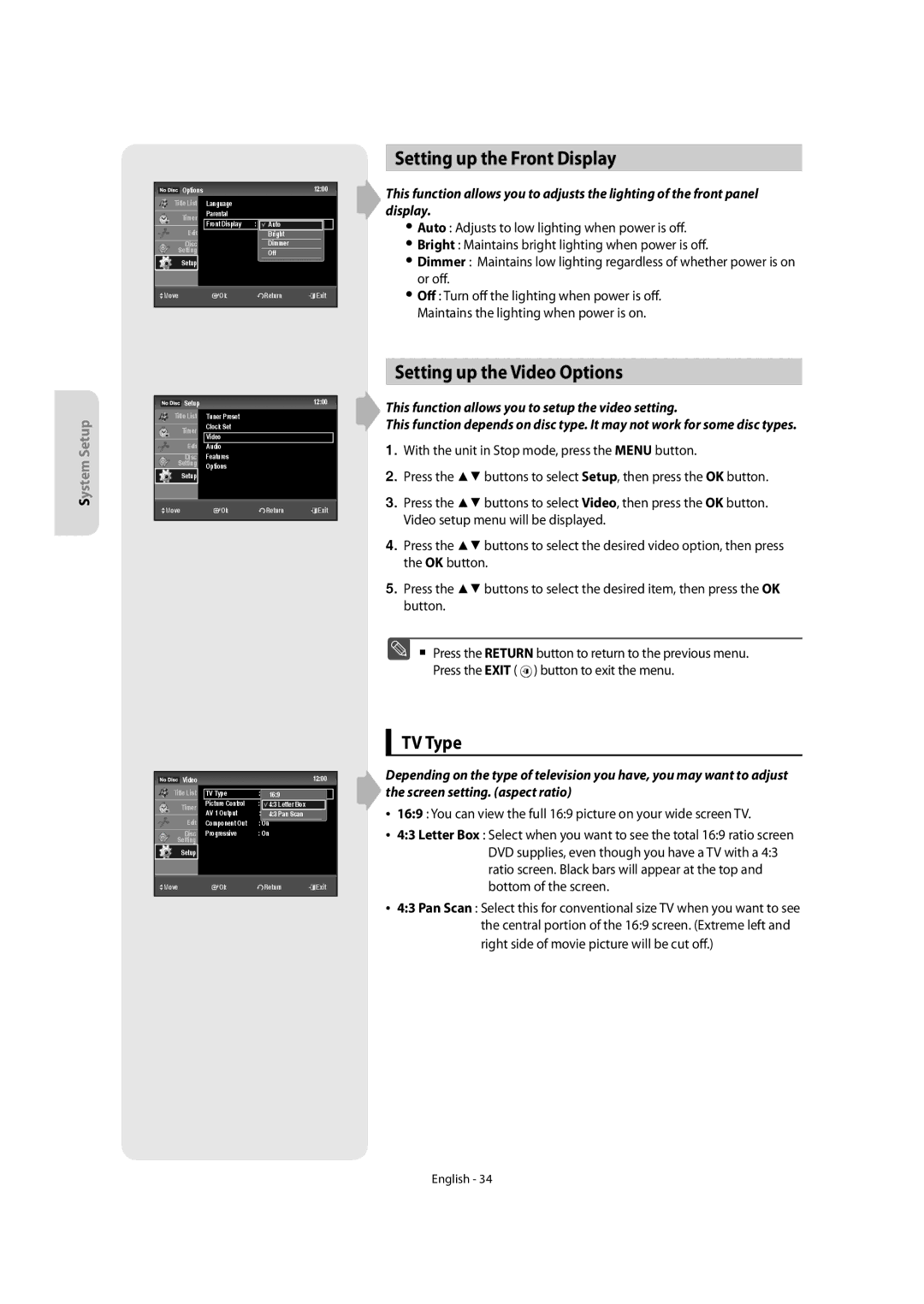 Samsung DVD-SR270M/XEU manual Setting up the Front Display, Setting up the Video Options, TV Type 