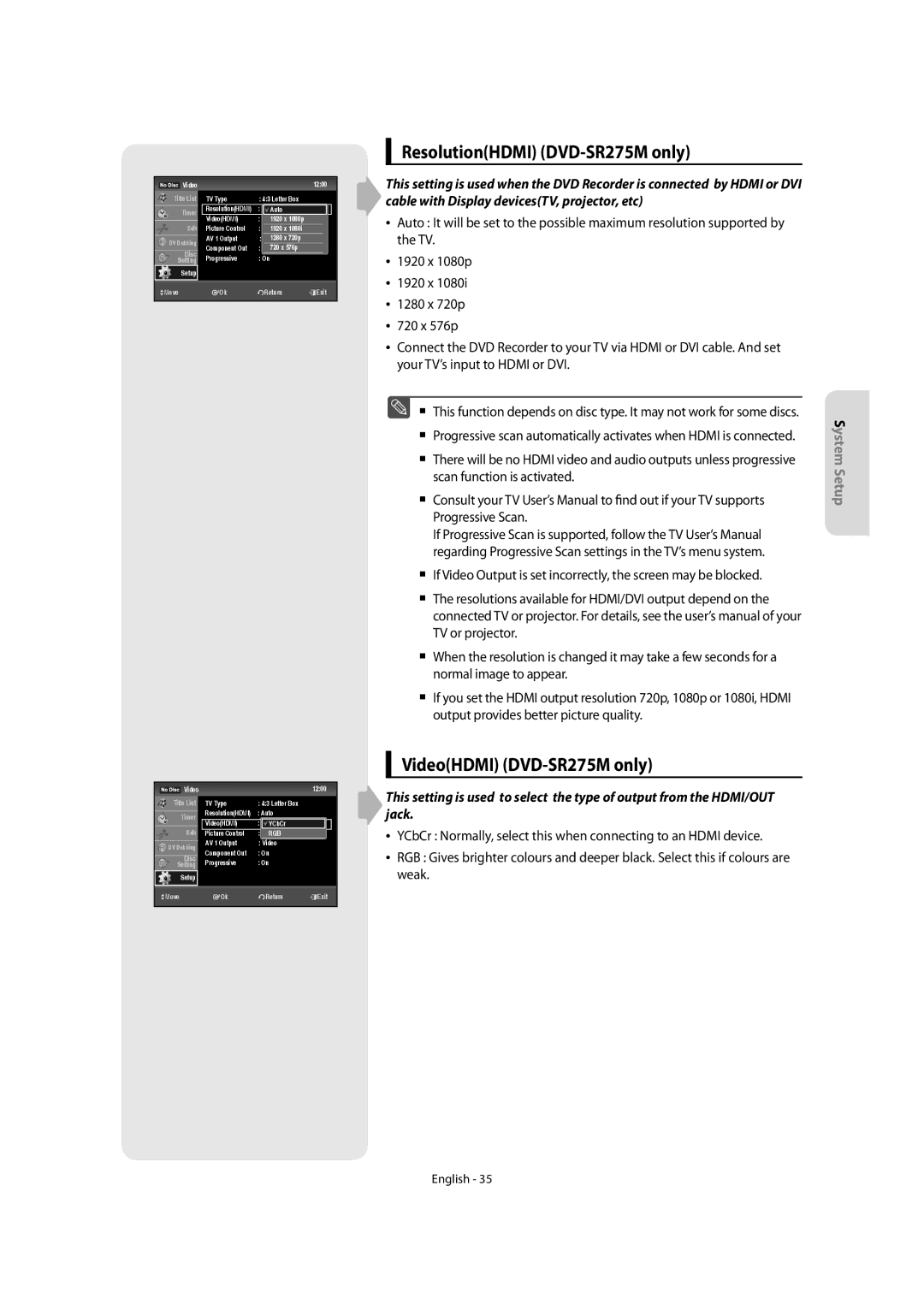 Samsung DVD-SR270M/XEU manual ResolutionHDMI DVD-SR275M only, VideoHDMI DVD-SR275M only 