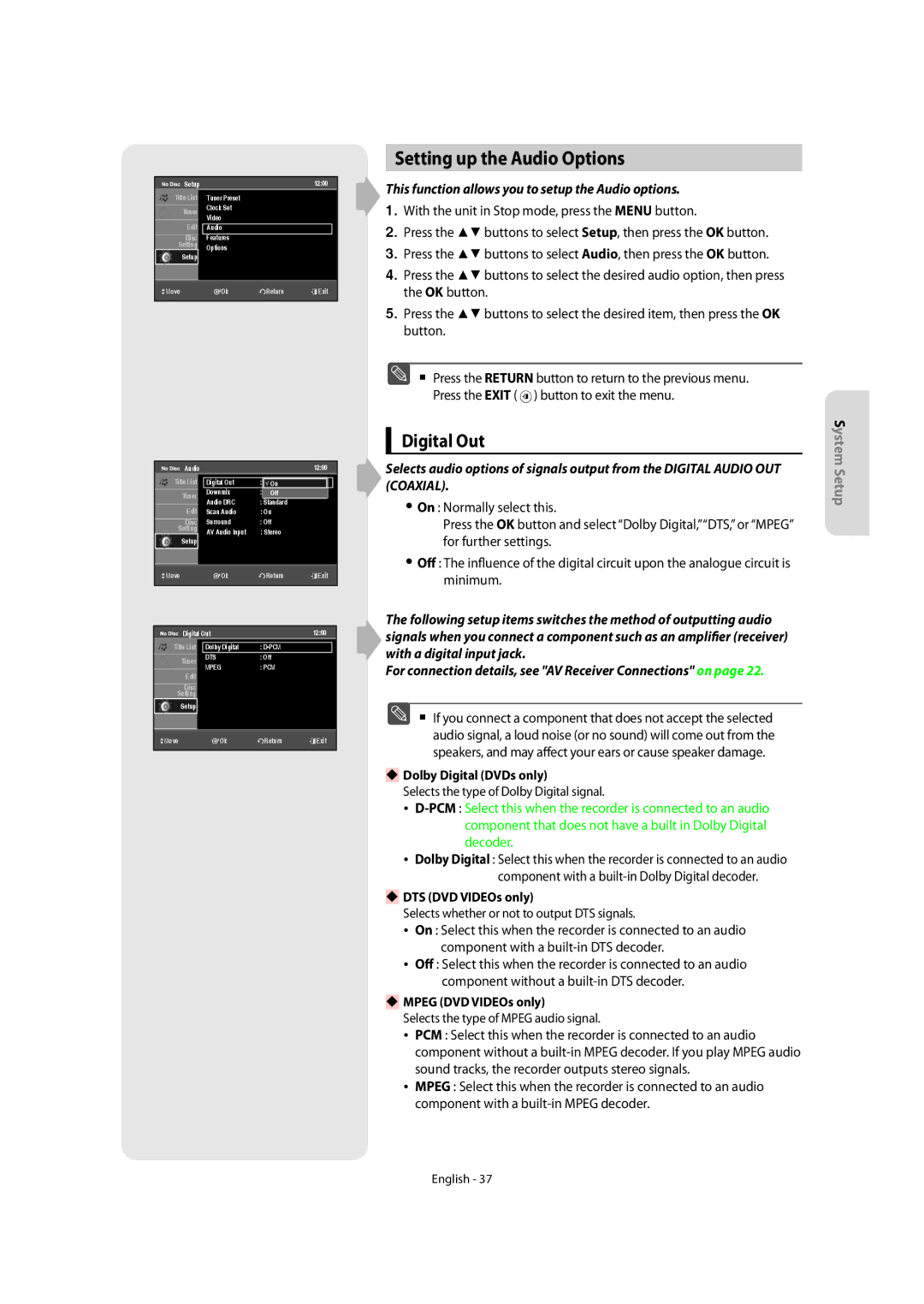 Samsung DVD-SR270M/XEU manual Setting up the Audio Options, Digital Out 