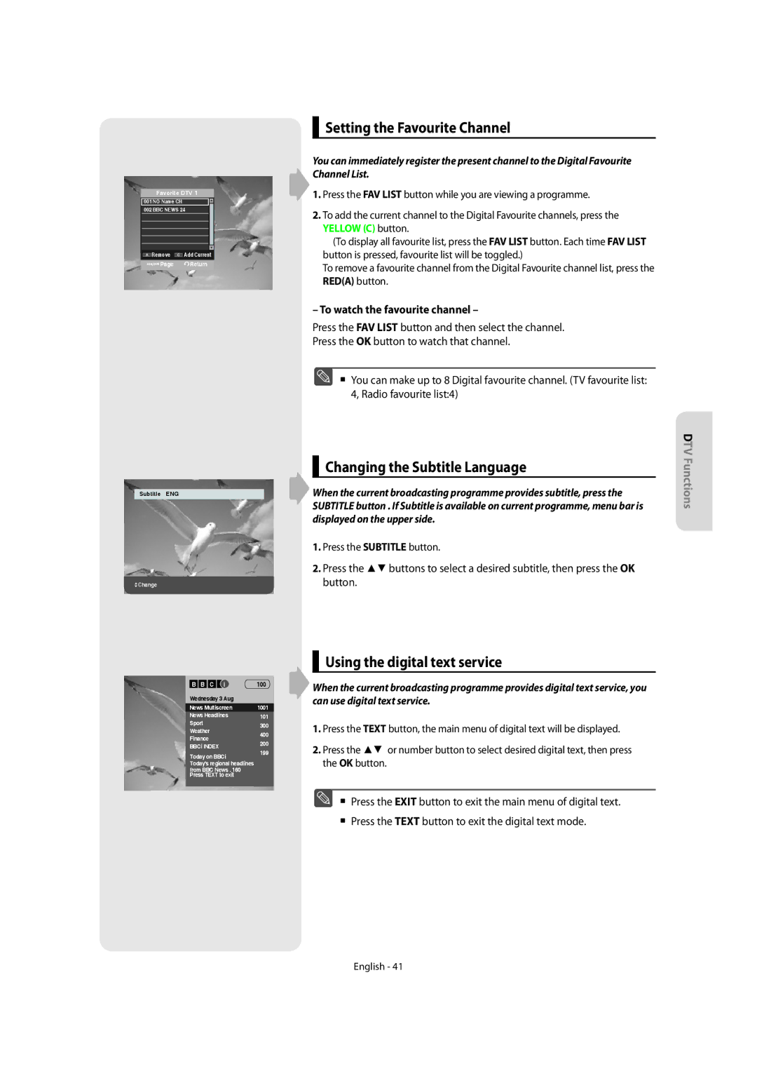 Samsung DVD-SR270M/XEU manual Setting the Favourite Channel, Changing the Subtitle Language, Using the digital text service 