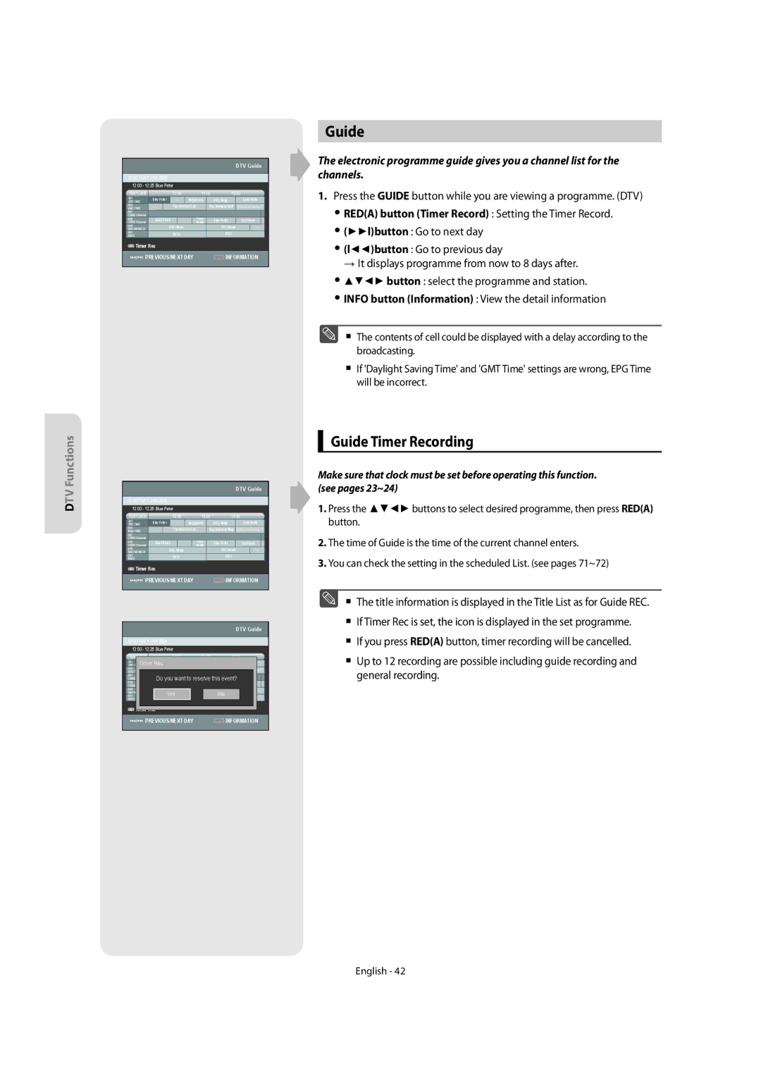 Samsung DVD-SR270M/XEU manual Guide Timer Recording, Reda button Timer Record Setting the Timer Record 