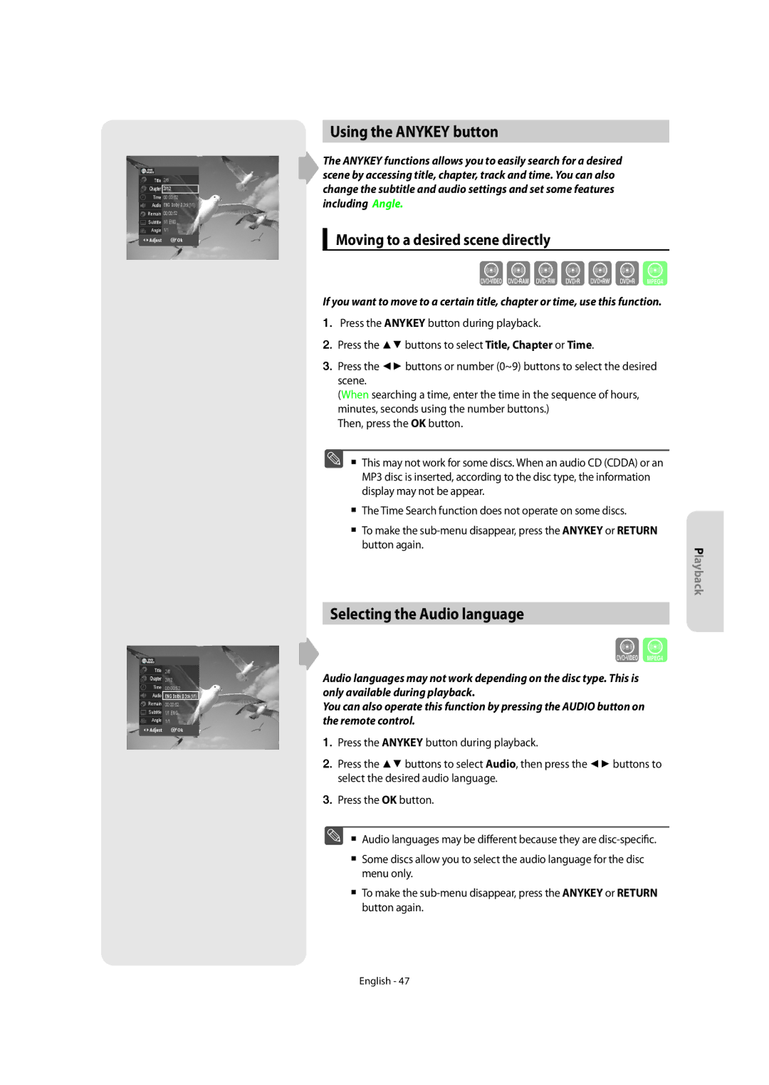 Samsung DVD-SR270M/XEU manual Using the Anykey button, Selecting the Audio language, Moving to a desired scene directly 