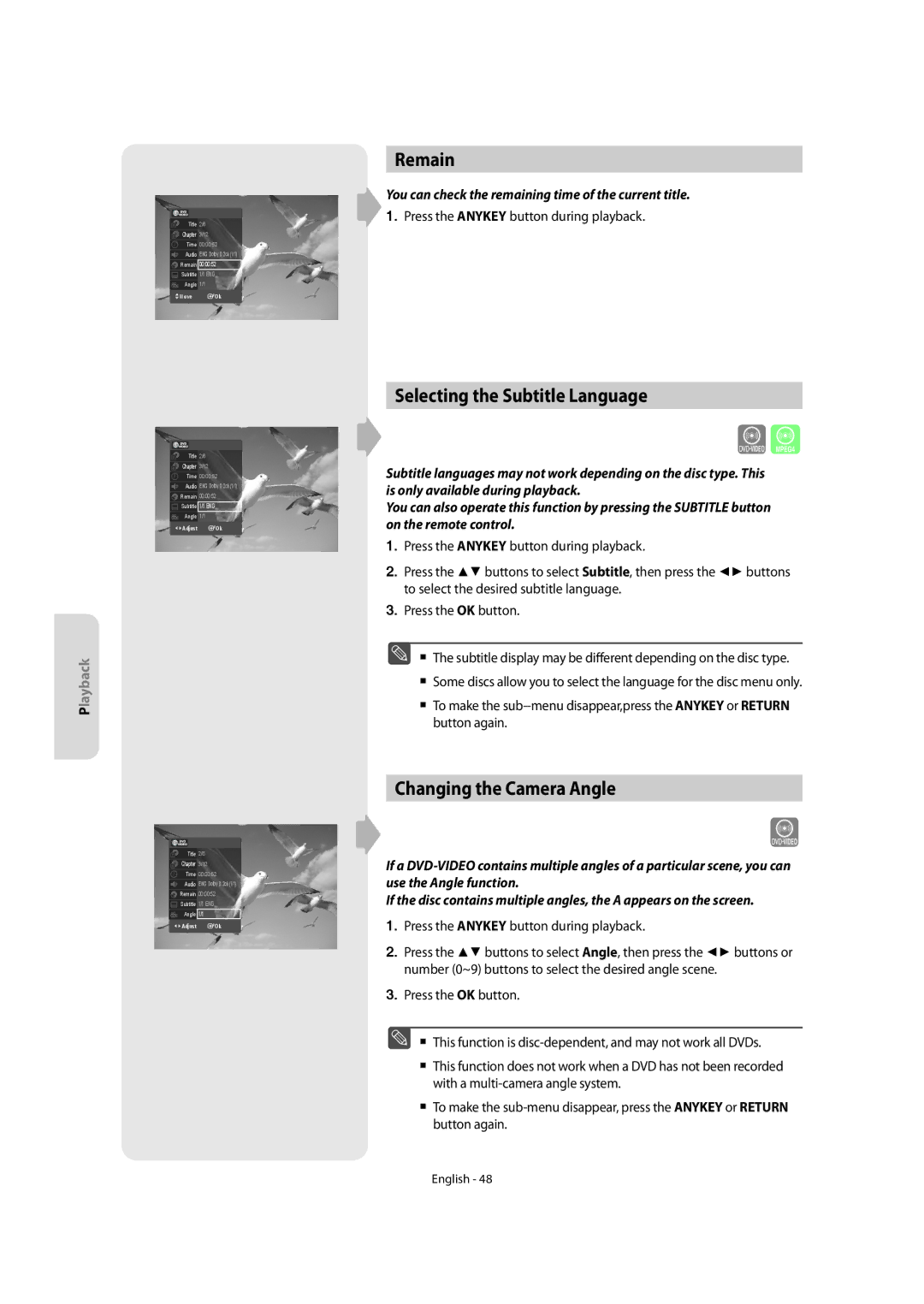 Samsung DVD-SR270M/XEU manual Remain, Selecting the Subtitle Language, Changing the Camera Angle 