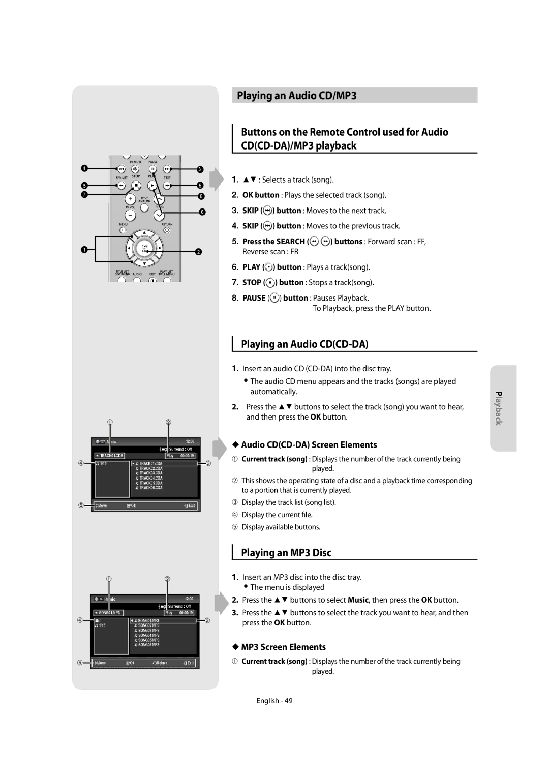 Samsung DVD-SR270M/XEU manual Playing an Audio CD/MP3, Playing an Audio CDCD-DA, Playing an MP3 Disc, MP3 Screen Elements 