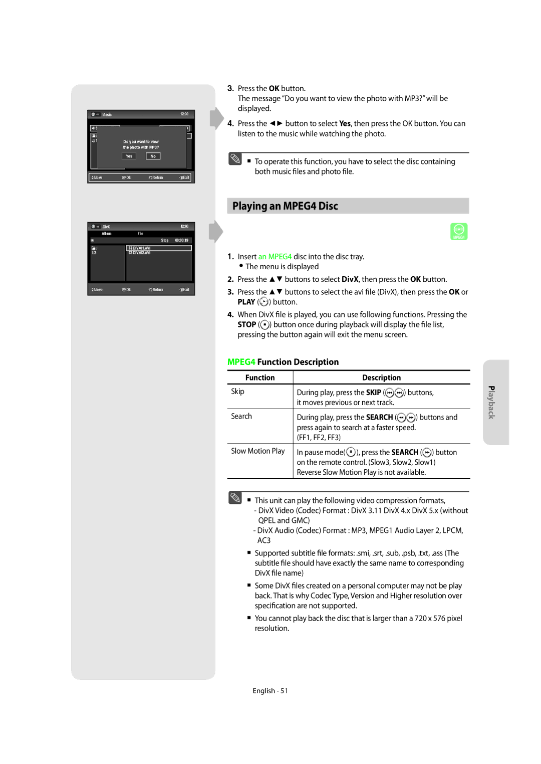 Samsung DVD-SR270M/XEU manual Playing an MPEG4 Disc, MPEG4 Function Description 