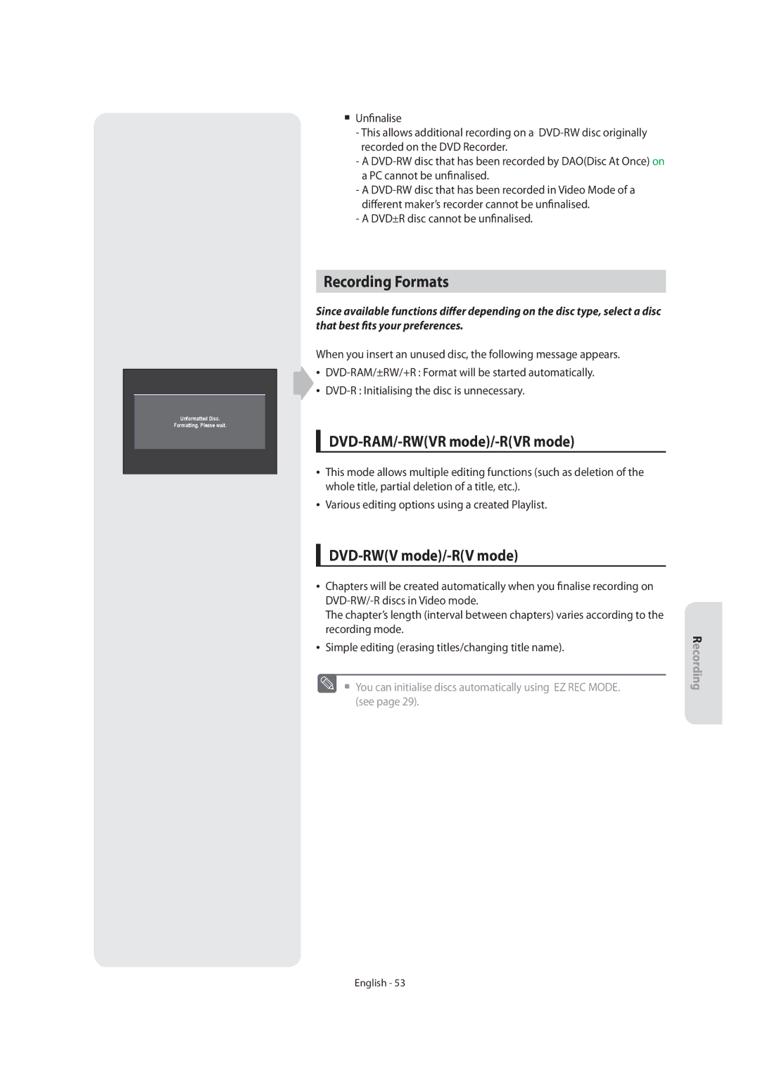 Samsung DVD-SR270M/XEU manual Recording Formats, DVD-RAM/-RWVR mode/-RVR mode, DVD-RWV mode/-RV mode 