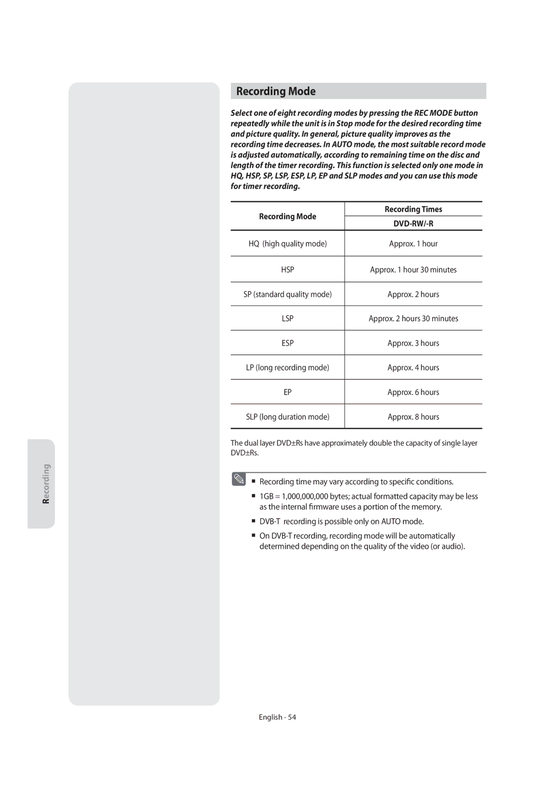 Samsung DVD-SR270M/XEU manual Recording Mode Recording Times 