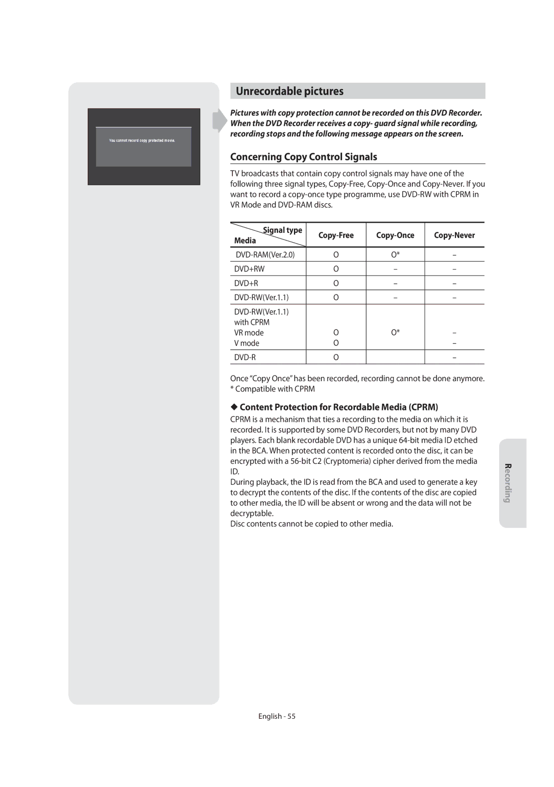 Samsung DVD-SR270M/XEU manual Unrecordable pictures, Content Protection for Recordable Media Cprm, Signal type 