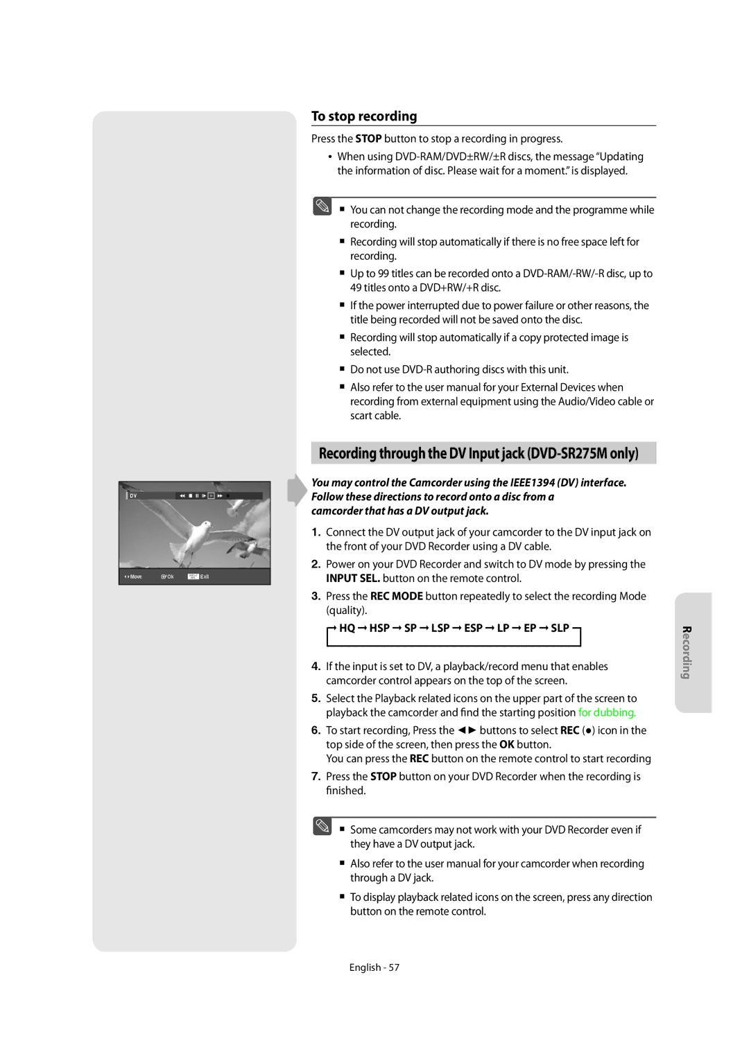 Samsung DVD-SR270M/XEU manual To stop recording, Recording through the DV Input jack DVD-SR275M only 