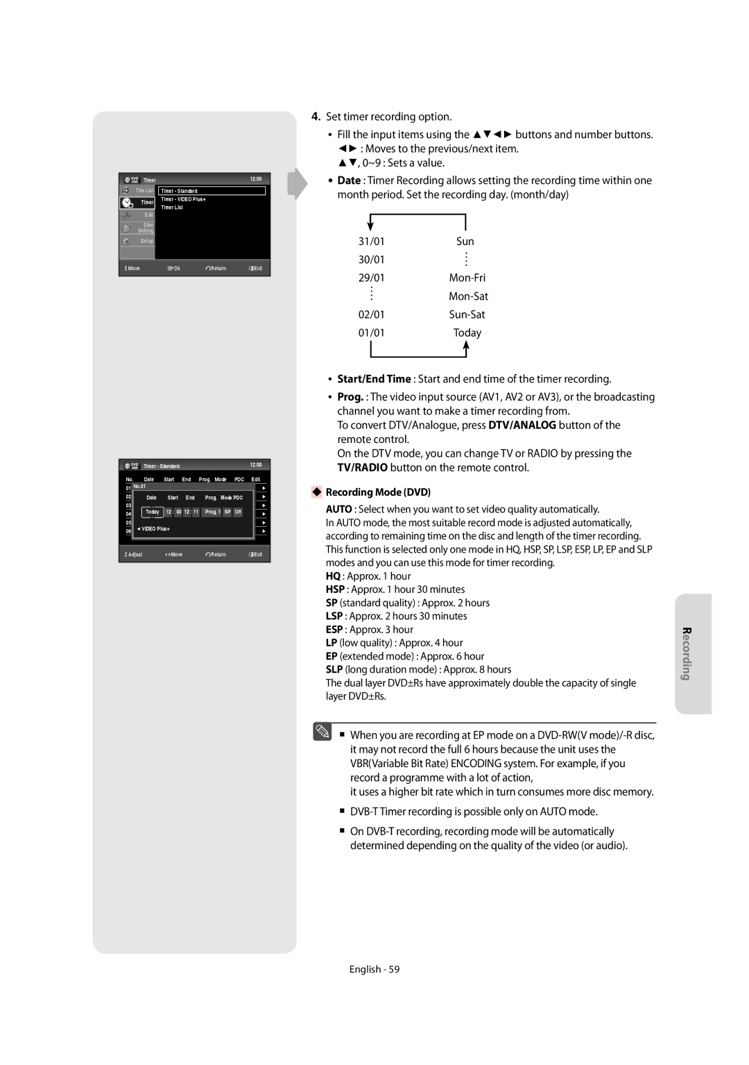 Samsung DVD-SR270M/XEU manual ‹ Recording Mode DVD, Pdc 