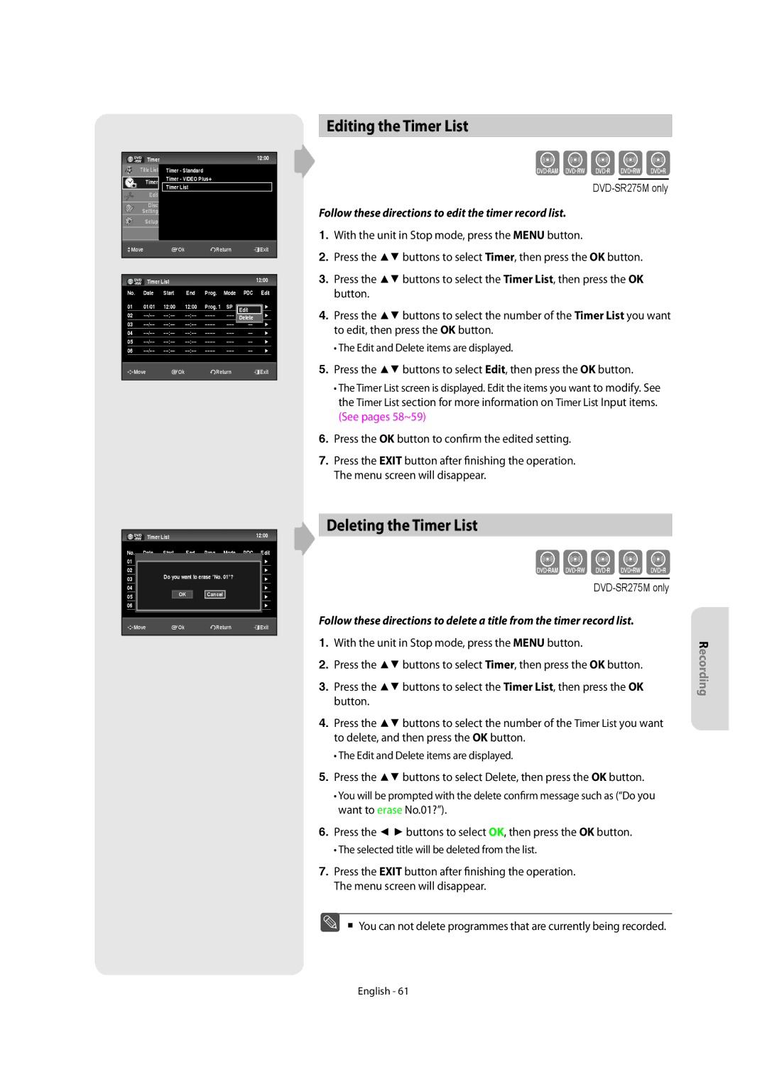 Samsung DVD-SR270M/XEU manual Editing the Timer List, Deleting the Timer List 