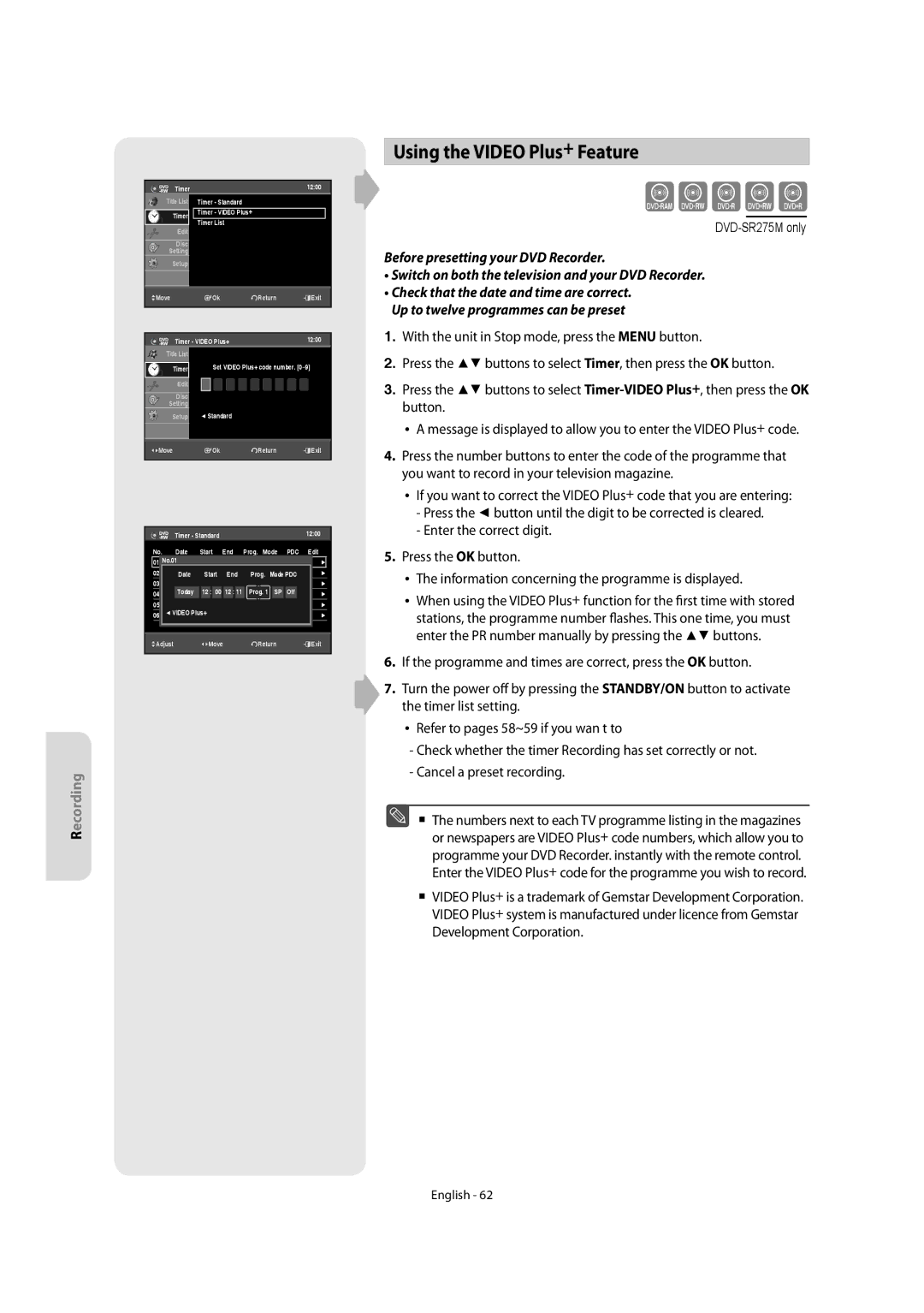 Samsung DVD-SR270M/XEU manual Using the Video Plus+ Feature 