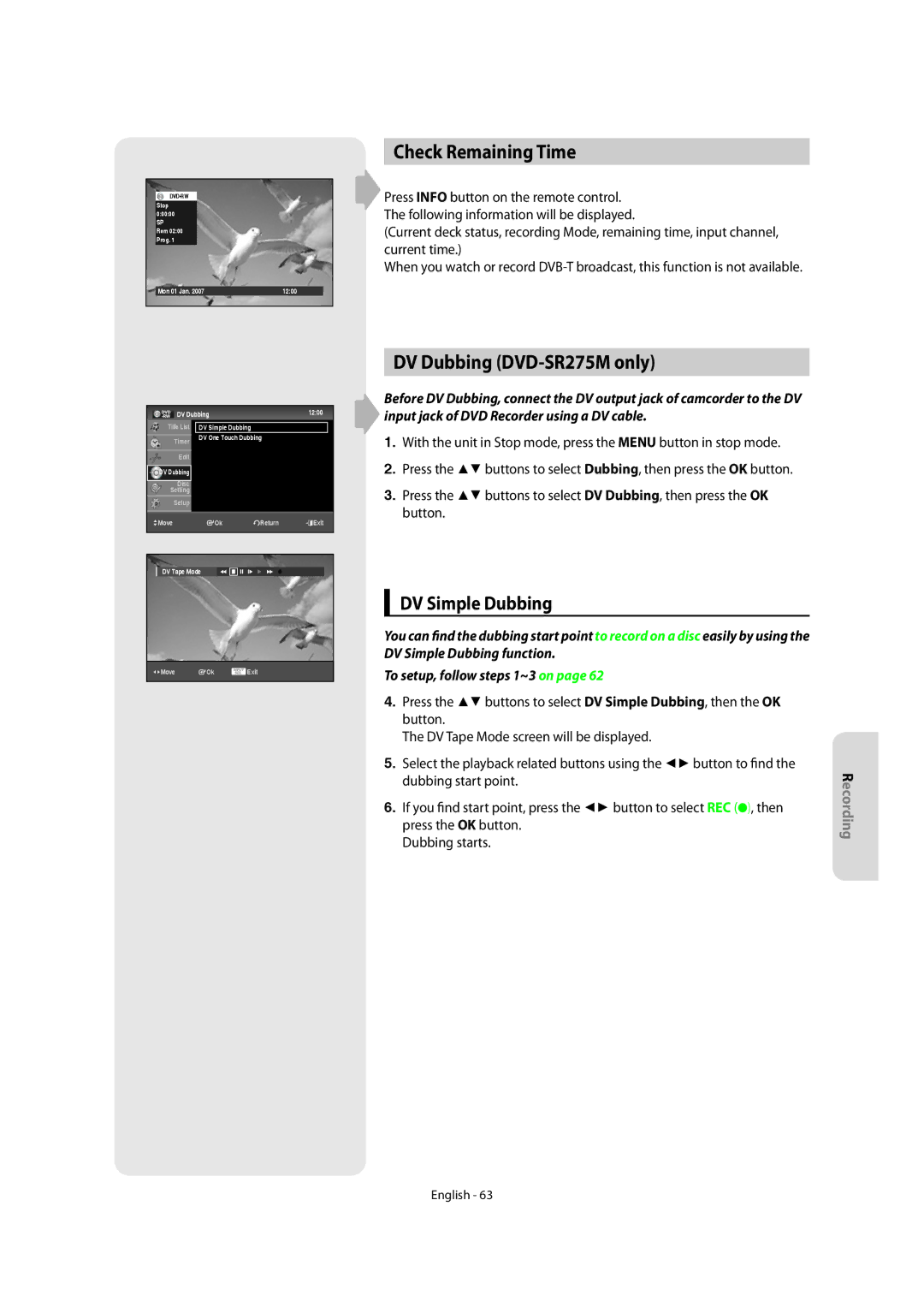 Samsung DVD-SR270M/XEU manual Check Remaining Time, DV Dubbing DVD-SR275M only, DV Simple Dubbing 