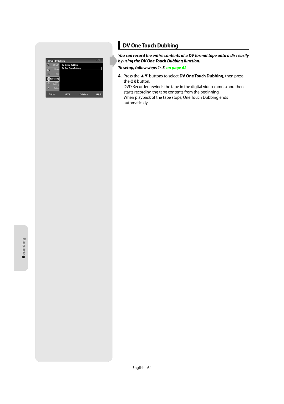 Samsung DVD-SR270M/XEU manual DV One Touch Dubbing 