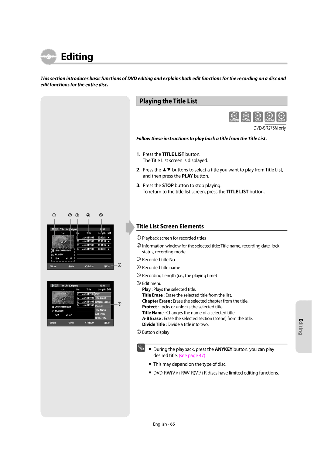 Samsung DVD-SR270M/XEU manual Editing, Playing the Title List 