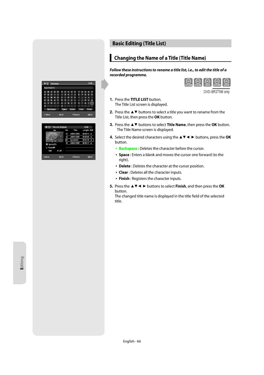 Samsung DVD-SR270M/XEU manual Basic Editing Title List, Changing the Name of a Title Title Name 