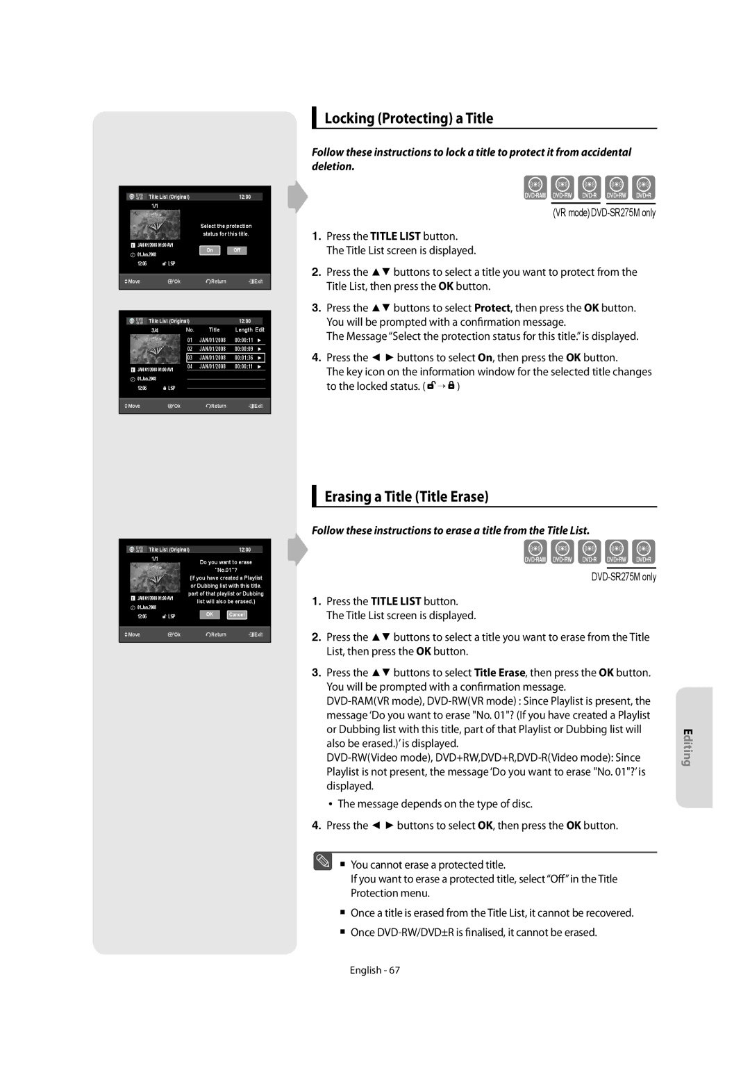 Samsung DVD-SR270M/XEU manual Locking Protecting a Title, Erasing a Title Title Erase 