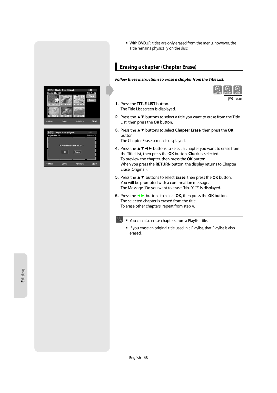 Samsung DVD-SR270M/XEU manual Xcv, Erasing a chapter Chapter Erase 