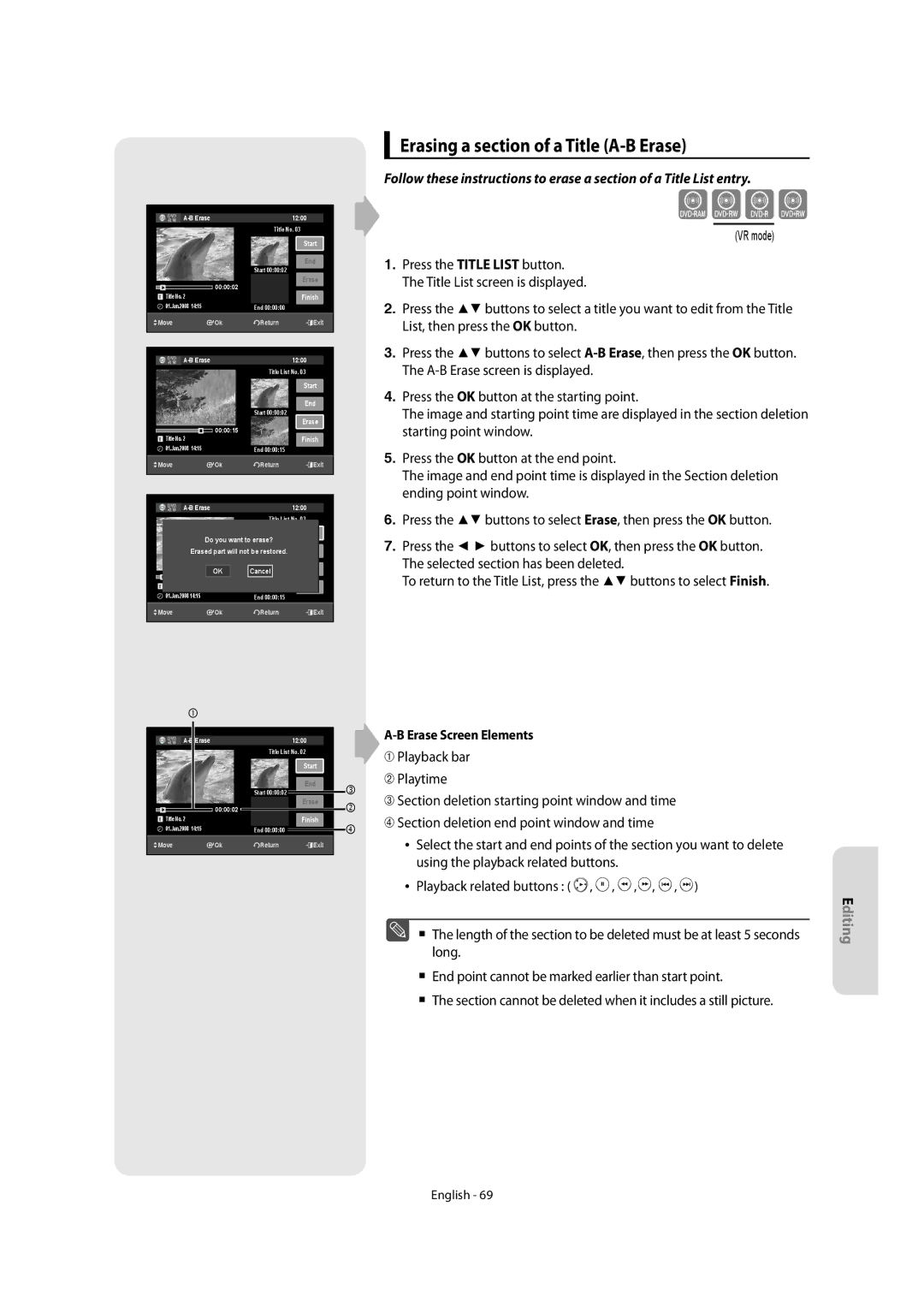 Samsung DVD-SR270M/XEU manual Erasing a section of a Title A-B Erase, Erase Screen Elements 