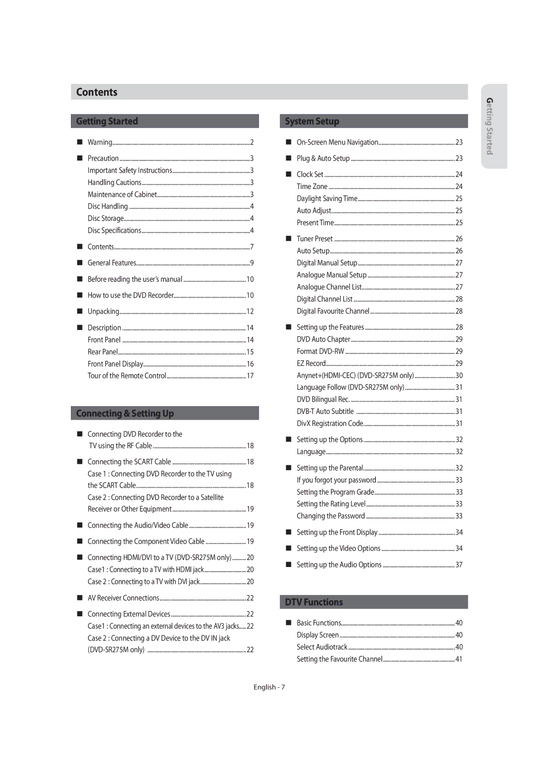 Samsung DVD-SR270M/XEU manual Contents 