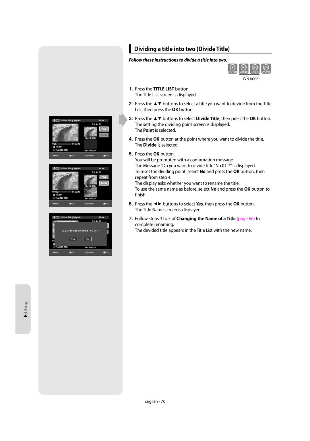 Samsung DVD-SR270M/XEU manual Dividing a title into two Divide Title 