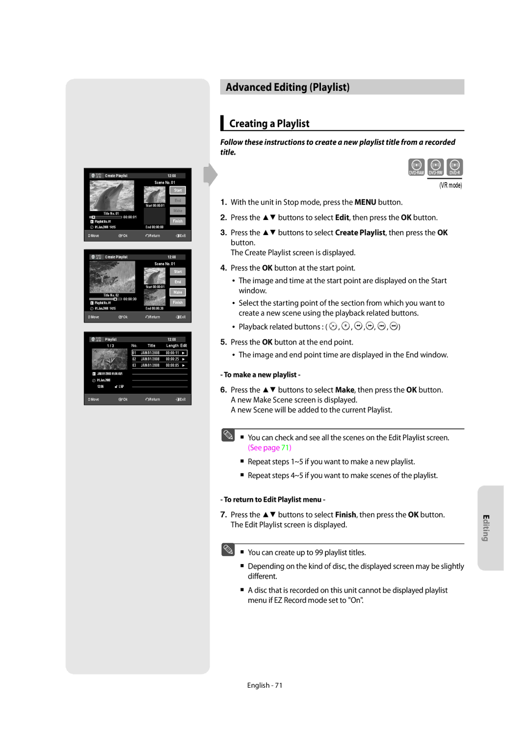 Samsung DVD-SR270M/XEU manual Advanced Editing Playlist, Creating a Playlist, To make a new playlist 