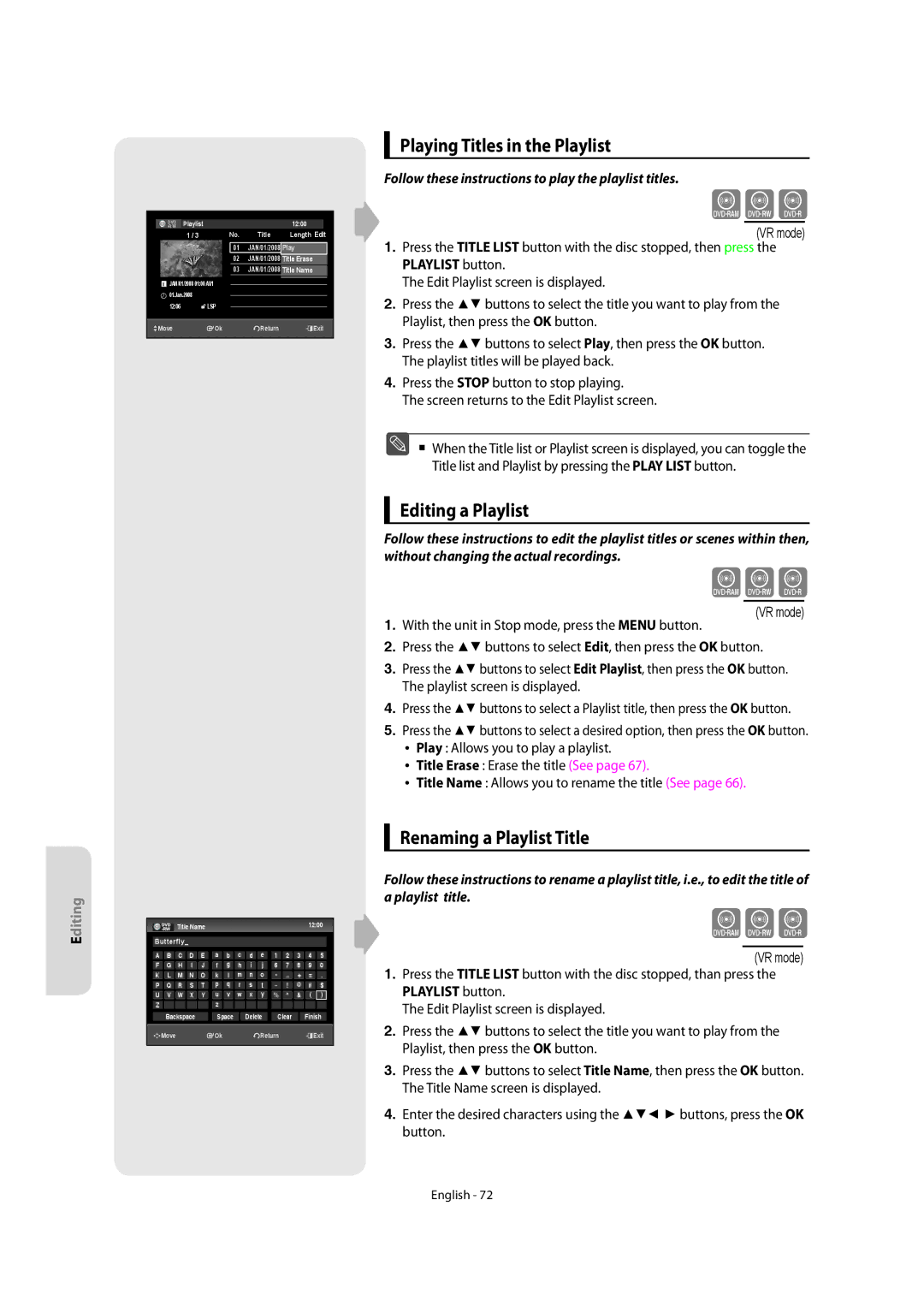 Samsung DVD-SR270M/XEU manual Playing Titles in the Playlist, Renaming a Playlist Title 