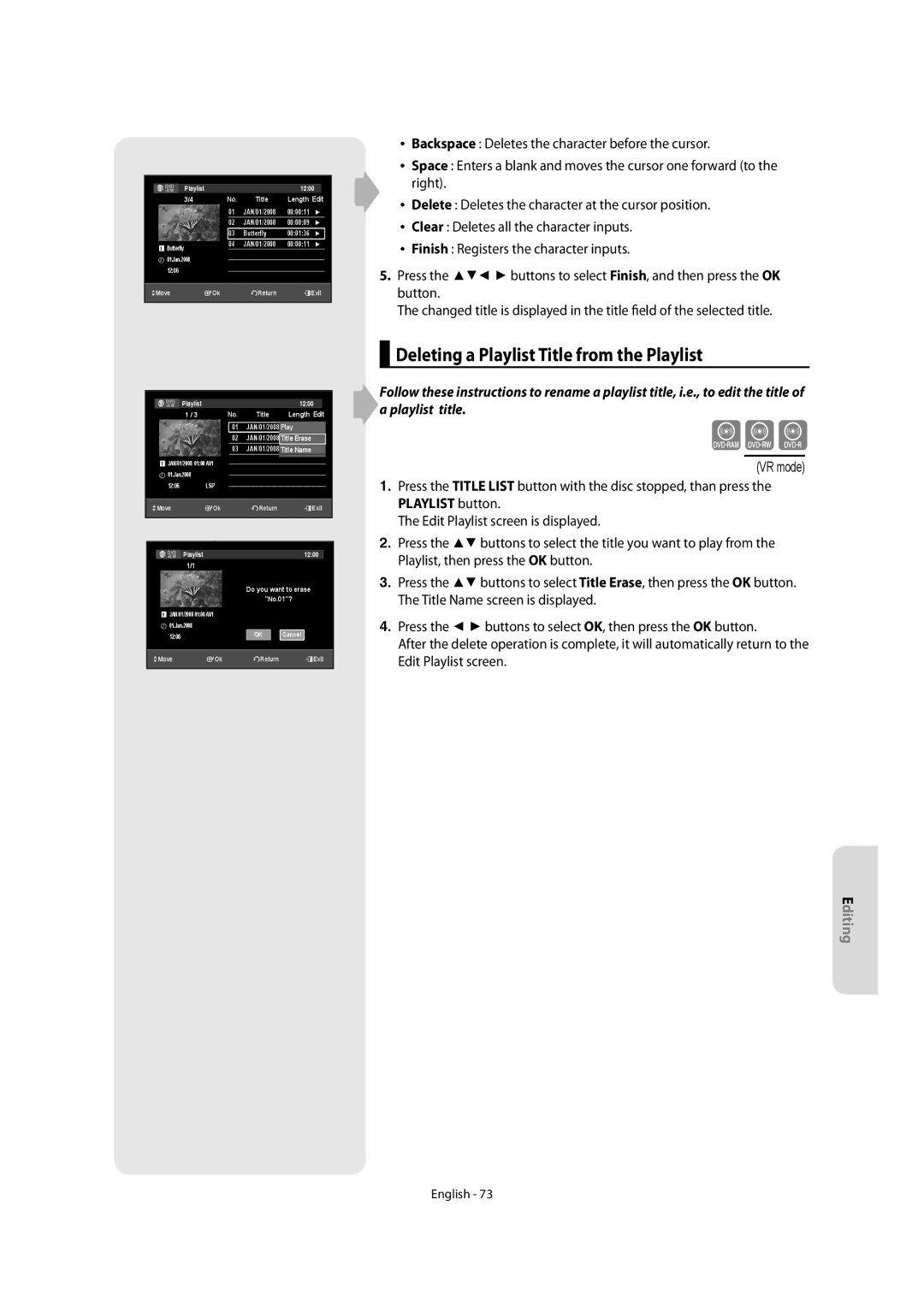 Samsung DVD-SR270M/XEU manual Deleting a Playlist Title from the Playlist 