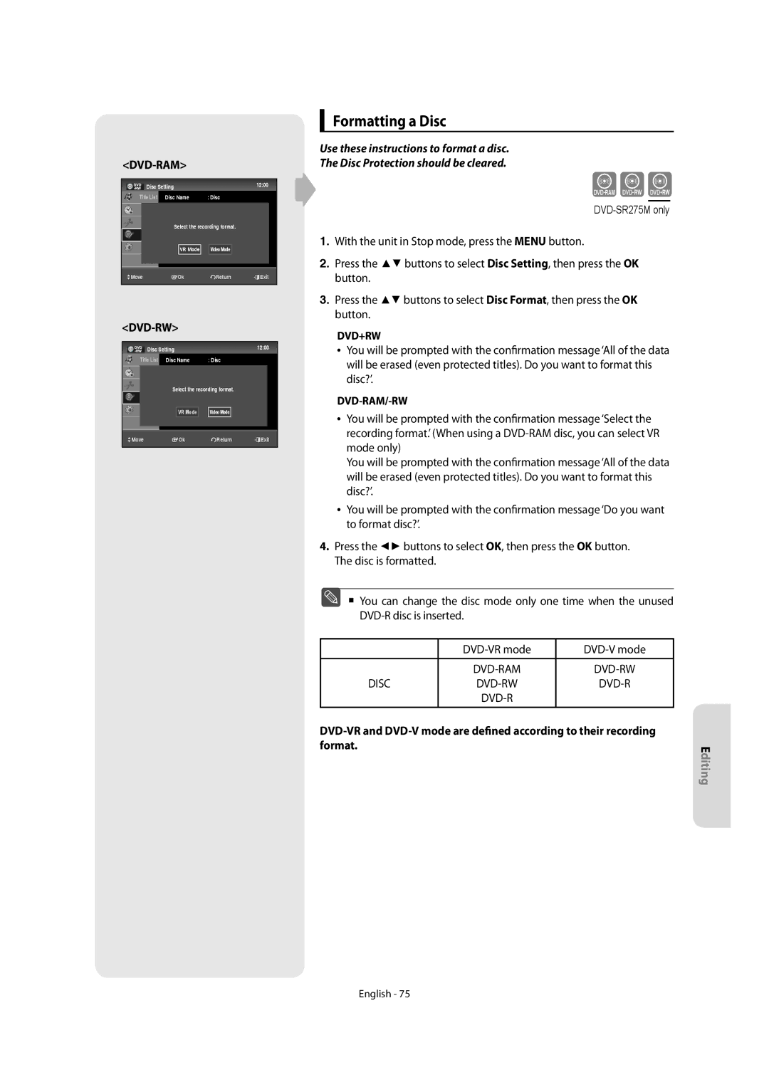 Samsung DVD-SR270M/XEU manual Formatting a Disc, Dvd-Ram 