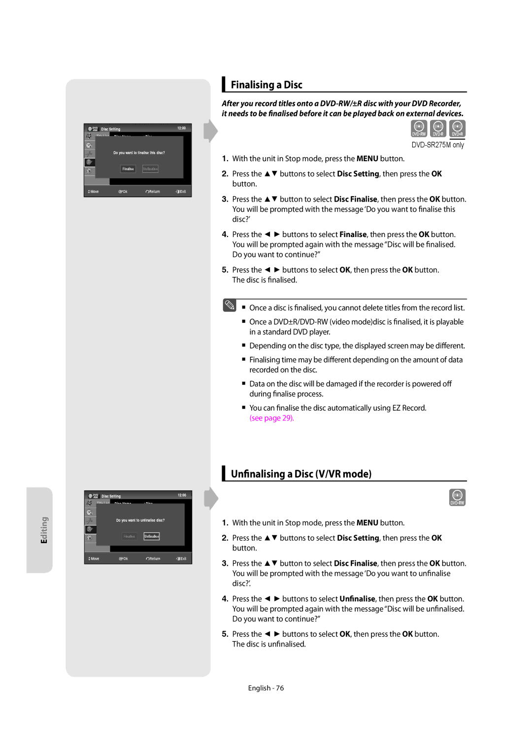 Samsung DVD-SR270M/XEU manual Finalising a Disc, Unfinalising a Disc V/VR mode 