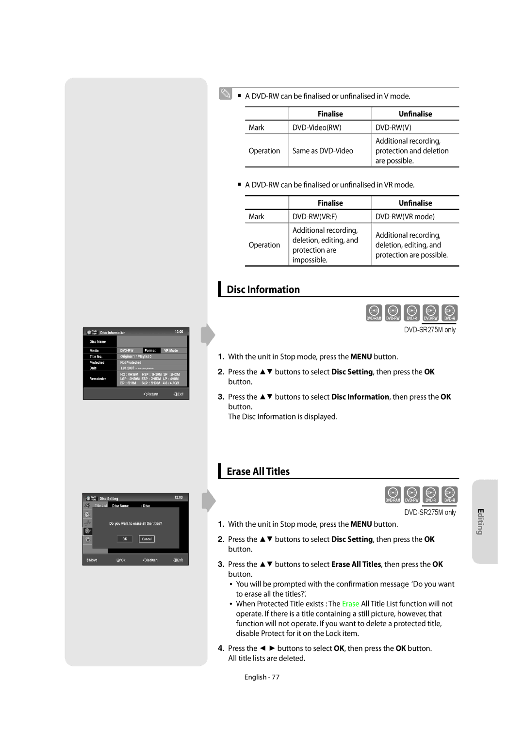 Samsung DVD-SR270M/XEU manual Disc Information, Erase All Titles 