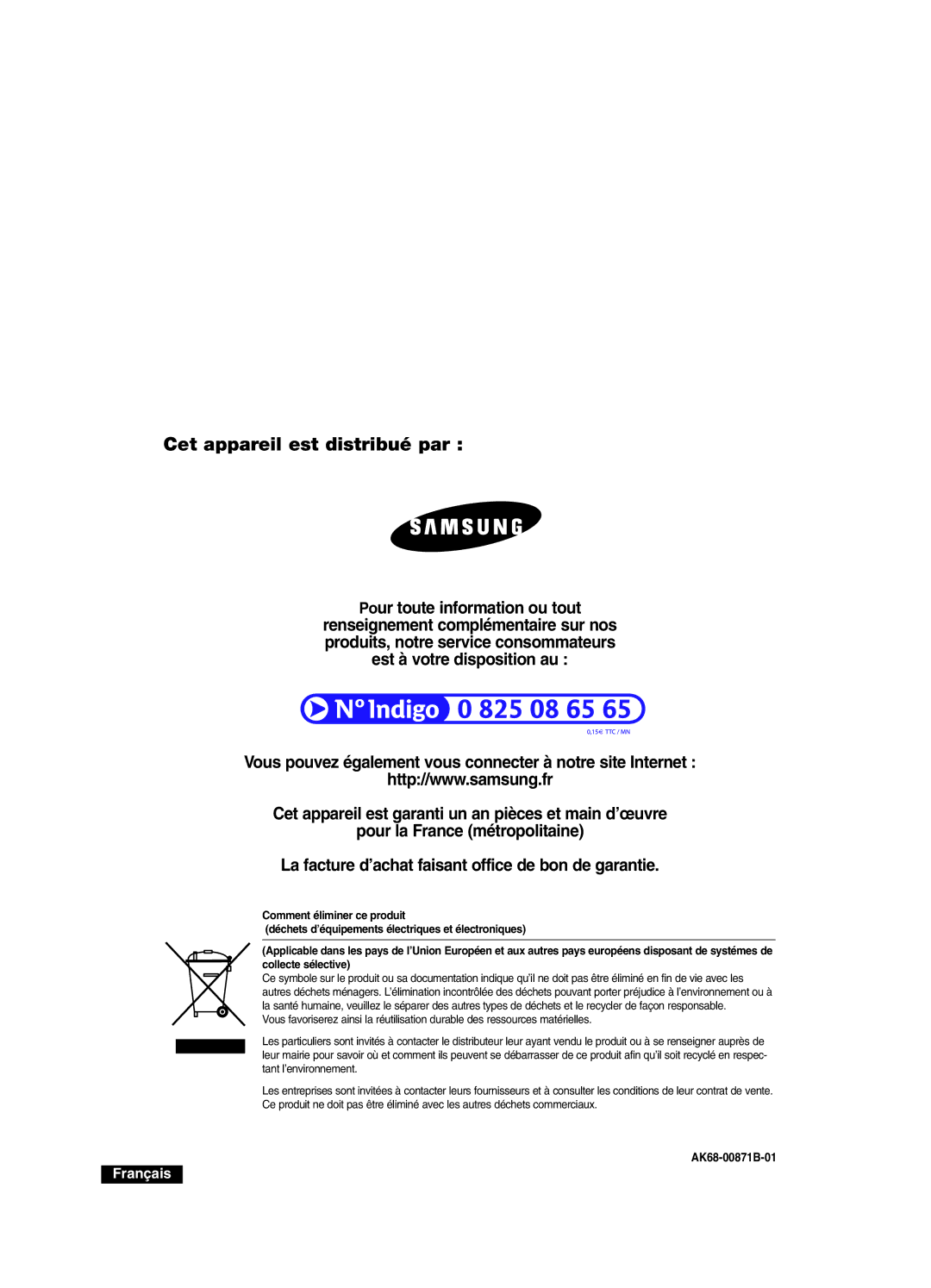 Samsung DVD-SR420/XEF manual Cet appareil est distribué par, Pour toute information ou tout 