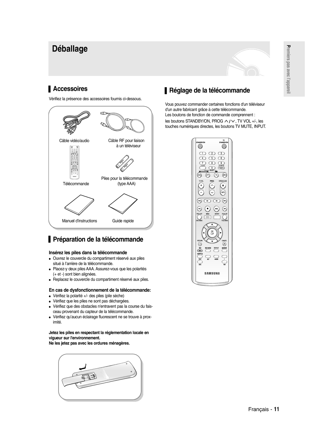 Samsung DVD-SR420/XEF manual Déballage, Accessoires, Préparation de la télécommande, Réglage de la télécommande 