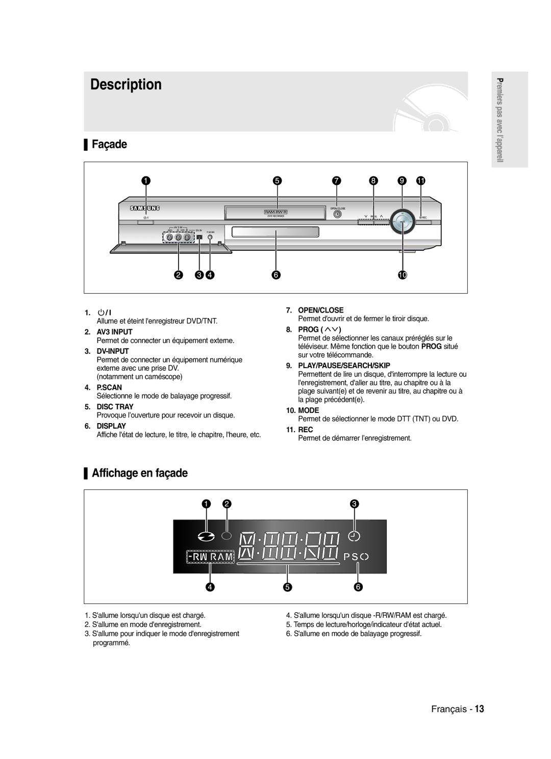 Samsung DVD-SR420/XEF manual Description, Affichage en façade, Façade 