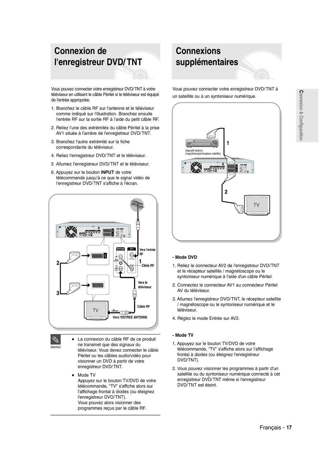 Samsung DVD-SR420/XEF manual Connexion de Connexions Lenregistreur DVD/ TNT, Mode DVD, Mode TV 