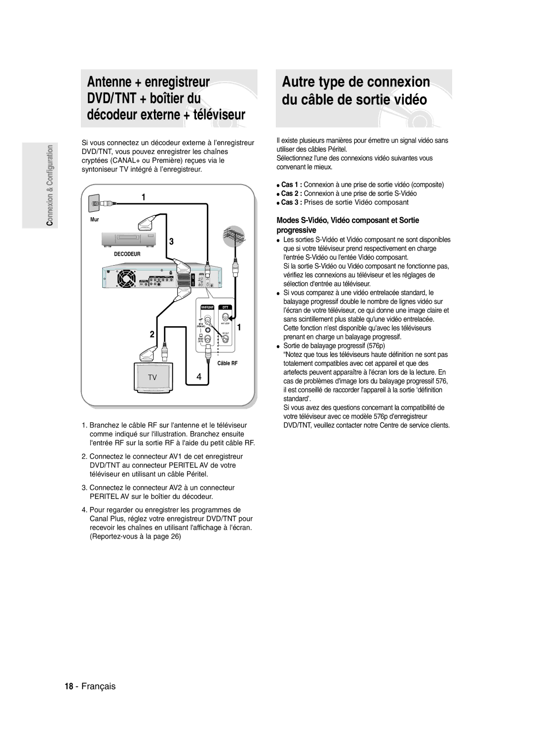 Samsung DVD-SR420/XEF manual Autre type de connexion du câble de sortie vidéo, Sortie de balayage progressif 576p 