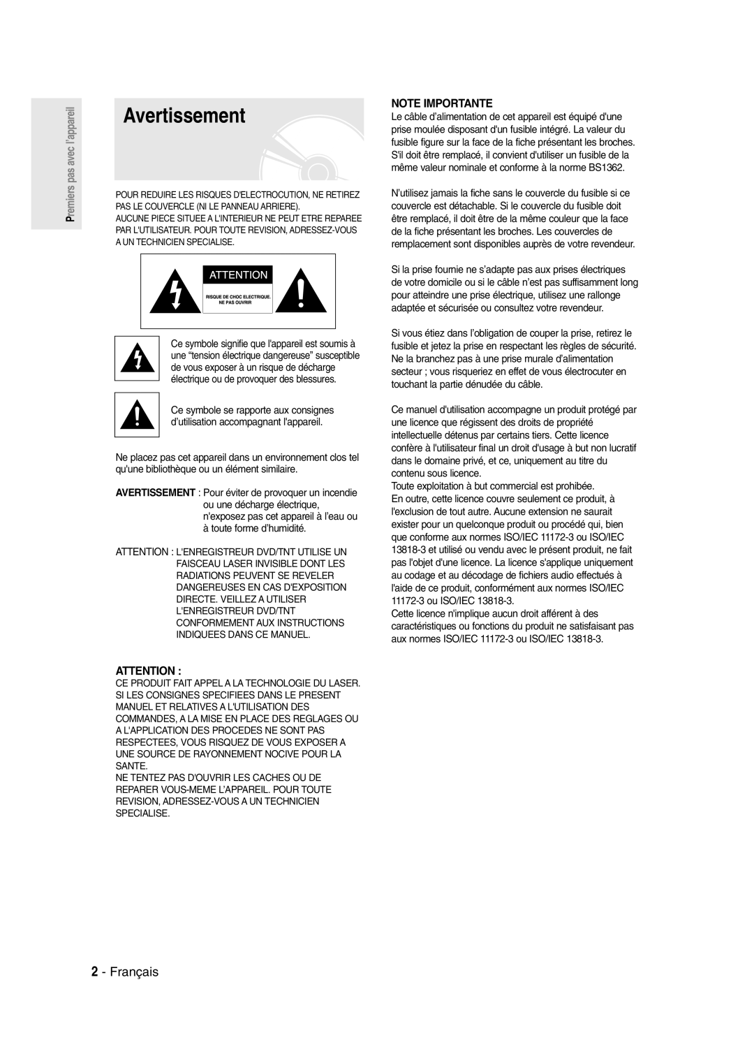 Samsung DVD-SR420/XEF manual Avertissement, Français 