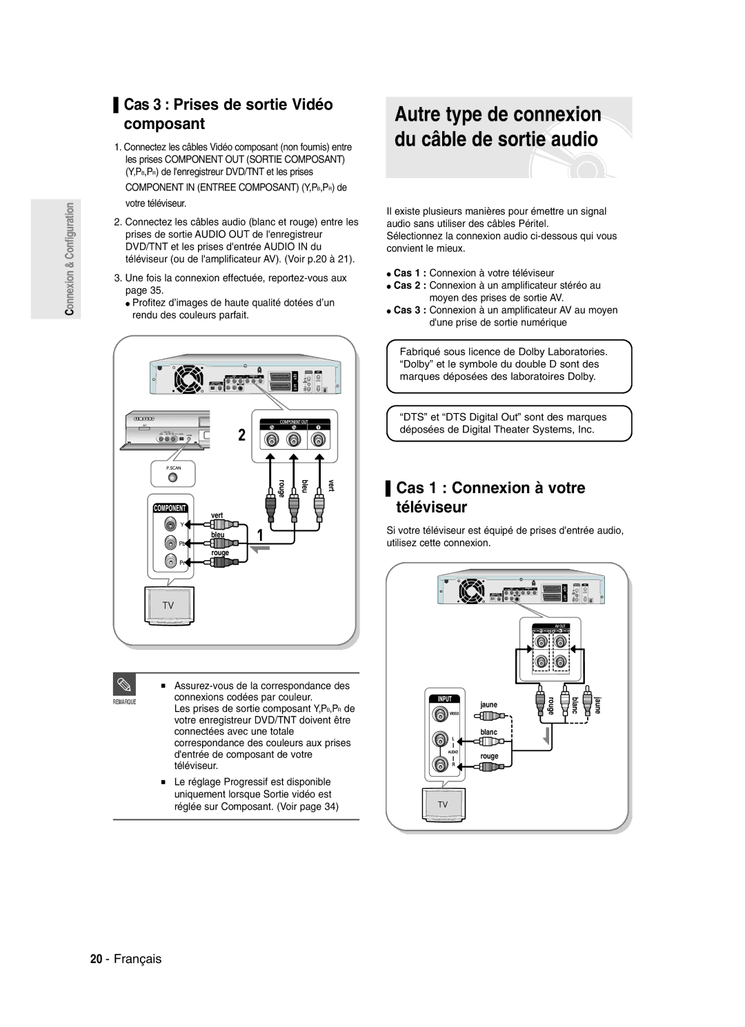 Samsung DVD-SR420/XEF manual Cas 3 Prises de sortie Vidéo composant, Cas 1 Connexion à votre téléviseur 