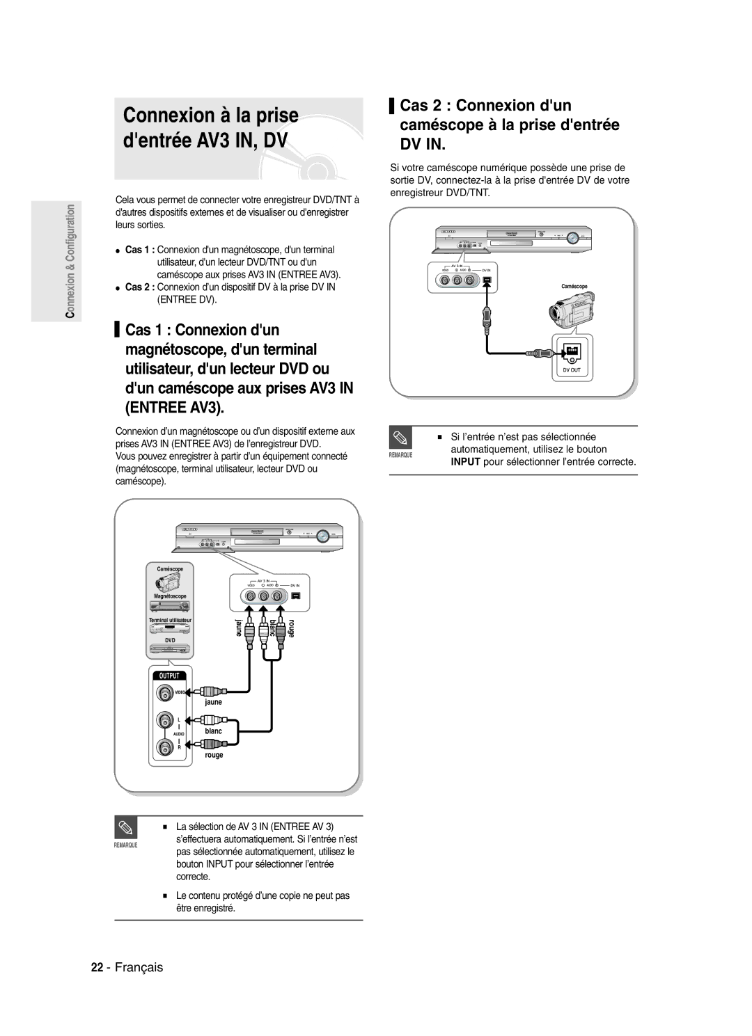 Samsung DVD-SR420/XEF manual Connexion à la prise dentrée AV3 IN, DV, Cas 2 Connexion dun caméscope à la prise dentrée DV 